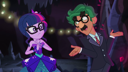 Size: 1280x720 | Tagged: safe, screencap, sci-twi, timber spruce, twilight sparkle, equestria girls, g4, legend of everfree - bloopers, my little pony equestria girls: legend of everfree, bare shoulders, blooper, female, groucho marx, groucho marx psyche out, groucho mask, male, shipping, shipping war in the comments, sleeveless, straight, strapless, timbertwi