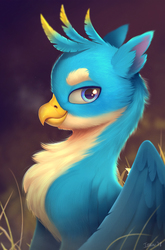 Size: 1324x2006 | Tagged: safe, artist:imalou, gallus, griffon, g4, blurry background, bust, chest fluff, cute, detailed, fluffy, gallabetes, handsome, looking at you, majestic, male, portrait, profile, signature, sitting, smiling, smiling at you, smirk, solo