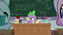 Size: 1920x1080 | Tagged: safe, screencap, ocellus, silverstream, spike, changedling, changeling, classical hippogriff, dragon, hippogriff, a rockhoof and a hard place, g4, apple, book, chalkboard, classroom, female, food, male, scroll, winged spike, wings