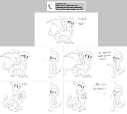 Size: 2564x2290 | Tagged: safe, artist:sintakhra, ocellus, smolder, dragon, dragriff, hybrid, tumblr:studentsix, g4, ..., clapping, disguise, disguised changeling, dragoness, duo, female, grayscale, high res, monochrome, post-it, simple background, white background