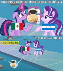 Size: 1791x2015 | Tagged: safe, artist:conikiblasu-fan, edit, edited screencap, screencap, starlight glimmer, twilight sparkle, alicorn, pony, g4, school daze, eqg flag-tag meme, honduras, mexico, spanish, starlight savage, twilight sparkle (alicorn), water