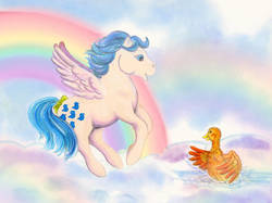 Size: 1024x766 | Tagged: safe, artist:calzephyr, duck soup, sprinkles (g1), duck, pegasus, pony, g1, bow, cloud, rainbow, tail bow, traditional art, waterfall