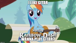 Size: 888x499 | Tagged: safe, screencap, rainbow dash, pegasus, pony, g4, bench, caption, cute, engrish, female, foal house, full house, guitar, image macro, musical instrument, sitting, solo, text