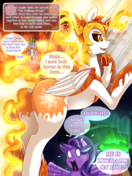 Size: 1000x1333 | Tagged: safe, artist:vavacung, daybreaker, spike, starlight glimmer, alicorn, dragon, pony, unicorn, comic:my life as a short dragon, g4, adorable distress, bed, bipedal, butt, comic, confused, crown, cute, dark sclera, daybutt, dialogue, dock, dream, exclamation point, female, fire, flailing, gem, green fire, horn, horrified, jewelry, lava, lidded eyes, male, mane of fire, mare, mirror, moon, on fire, open mouth, panic, plot, raised eyebrow, regalia, scared, shocked, sleeping, smiling, speech bubble, spontaneous combustion, stupid sexy daybreaker, sweat, tongue out, underhoof, volcano, waving, wide eyes, winged spike, wings
