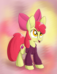 Size: 1650x2150 | Tagged: safe, artist:litrojia, apple bloom, earth pony, pony, g4, abstract background, big ears, clothes, female, filly, hoodie, open mouth, smiling, solo