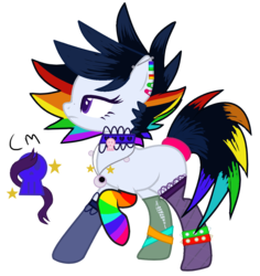 Size: 1108x1173 | Tagged: safe, artist:klewgcg, artist:space--paws0w0, oc, oc only, oc:pop candy (ice1517), earth pony, pony, icey-verse, anklet, base used, choker, clothes, ear piercing, earring, female, goth, jewelry, magical lesbian spawn, mare, mismatched socks, multicolored hair, necklace, next generation, offspring, parent:inky rose, parent:moonlight raven, parents:inkyraven, piercing, rainbow hair, rainbow socks, raised hoof, scene kid, show accurate, simple background, socks, solo, spiked wristband, stockings, striped socks, thigh highs, torn clothes, transparent background, wristband
