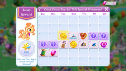 Size: 1280x720 | Tagged: safe, gameloft, gilded lily, lotus blossom, pony, unicorn, g4, bits, calendar, daily login, female, filly, gem