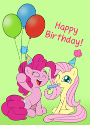 Size: 2142x3000 | Tagged: safe, artist:esfelt, fluttershy, pinkie pie, pony, g4, balloon, cute, diapinkes, female, green background, happy birthday, hat, high res, mare, party hat, party horn, shyabetes, simple background