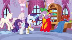 Size: 1280x720 | Tagged: safe, screencap, rarity, spike, dragon, pony, unicorn, g4, molt down, animated, carousel boutique, clothes, crossdressing, dress, female, flying, glasses, male, mannequin, mare, measuring tape, rarity's glasses, sound, webm, winged spike, wings