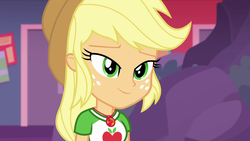 Size: 1920x1080 | Tagged: safe, screencap, applejack, equestria girls, equestria girls specials, g4, my little pony equestria girls: better together, my little pony equestria girls: rollercoaster of friendship, applejack's shirt with a collar, clothes, collar, collar shirt, cowboy hat, female, freckles, geode of super strength, hair, hat, lidded eyes, magical geodes, ponytail, shirt, shirt with a collar, smiling, solo, t-shirt, teenager
