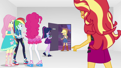 Size: 1920x1080 | Tagged: safe, screencap, applejack, fluttershy, pinkie pie, rainbow dash, sci-twi, sunset shimmer, twilight sparkle, equestria girls, equestria girls series, g4, rollercoaster of friendship, clothes, converse, door, female, geode of super speed, geode of super strength, magical geodes, shoes, sneakers, walls