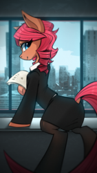 Size: 1024x1820 | Tagged: safe, artist:l8lhh8086, oc, oc only, earth pony, pony, business suit, businessmare, clothes, dock, female, looking back, mare, office clothes, pantyhose, paper, skirt, skirt suit, smiling, solo, suit