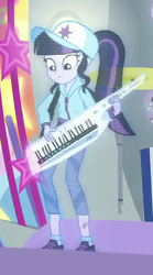 Size: 372x669 | Tagged: safe, screencap, sci-twi, twilight sparkle, equestria girls, equestria girls specials, g4, my little pony equestria girls: better together, my little pony equestria girls: rollercoaster of friendship, cropped, female, hologram, keytar, musical instrument, ponytail, solo