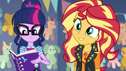 Size: 1920x1080 | Tagged: safe, screencap, sci-twi, sunset shimmer, twilight sparkle, equestria girls, equestria girls series, g4, rollercoaster of friendship, cute, duo, female, geode of empathy, geode of telekinesis, magical geodes, shimmerbetes, smiling, when she smiles