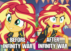 Size: 1512x1080 | Tagged: safe, edit, edited screencap, screencap, sunset shimmer, equestria girls, equestria girls series, g4, rollercoaster of friendship, adorable face, angry, avengers, avengers: infinity war, before and after, clothes, cute, fangirl, geode of empathy, infinity war, it's not about the parakeet, jacket, magical geodes, meme, messy hair