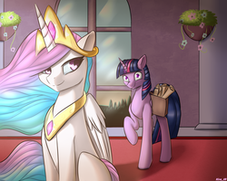 Size: 2500x2000 | Tagged: safe, artist:kirasunnight, princess celestia, twilight sparkle, alicorn, pony, g4, carpet, crown, duo, female, flower, high res, horn, mare, peytral, red carpet, regalia, saddle bag, scroll, she knows, signature, smiling, teacher and student, twilight sparkle (alicorn), window, wings