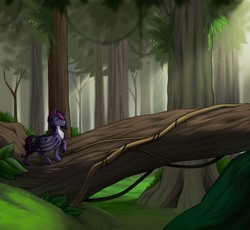 Size: 1280x1178 | Tagged: safe, artist:empaws, oc, oc only, oc:stara knight, bat pony, pony, crepuscular rays, female, forest, grass, scenery, solo, tree