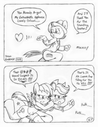 Size: 849x1100 | Tagged: safe, artist:circe, applejack, rainbow dash, anthro, unguligrade anthro, comic:soreloser, g4, black and white, blowing a kiss, blushing, breasts, censored vulgarity, chico marx, comic, grawlixes, grayscale, marx brothers, monochrome, this will end in death, traditional art