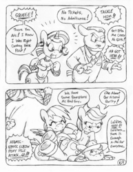 Size: 849x1100 | Tagged: safe, artist:circe, applejack, rainbow dash, oc, oc:gothy moon, anthro, unguligrade anthro, comic:soreloser, g4, black and white, breasts, chico marx, collar, comic, ear piercing, earring, fishnet stockings, grayscale, jewelry, marx brothers, monochrome, piercing, piledriver, pony pile, this will end in pain, traditional art