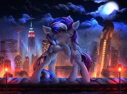 Size: 3140x2336 | Tagged: safe, artist:atlas-66, oc, oc only, oc:herpy, oc:swirple, pegasus, pony, airship, bipedal, chrysler building, city, cloud, crying, crystaller building, empire state building, eyes closed, full moon, high res, lavender spirit, lights, manehattan, moon, night, pony (sony), rearing, scp foundation, skyscraper, tears of joy