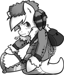 Size: 775x908 | Tagged: safe, artist:secret-pony, oc, oc only, lamia, original species, snake, snake pony, buck legacy, backpack, bear trap, black and white, card art, coonskin cap, determined, grayscale, looking at you, monochrome, rope, simple background, solo, transparent background, trap (device), winter outfit