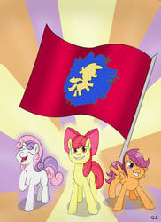 Size: 1024x1409 | Tagged: safe, artist:papyjr13, apple bloom, scootaloo, sweetie belle, g4, cutie mark crusaders, flag