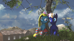 Size: 1920x1080 | Tagged: safe, artist:christian69229, oc, oc only, oc:cuteamena, oc:electric blue, earth pony, pegasus, pony, 3d, clothes, cute, electricute, flower, looking at each other, rock, sitting, skirt, socks, source filmmaker, striped socks, tree