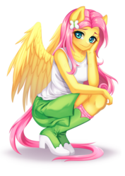 Size: 2480x3507 | Tagged: safe, artist:gyuumu, fluttershy, pegasus, anthro, plantigrade anthro, g4, clothes, equestria girls outfit, female, high res, looking at you, mare, simple background, skirt, solo, tank top, transparent background, watermark