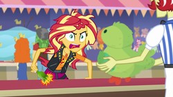 Size: 1440x810 | Tagged: safe, edit, edited screencap, screencap, flam, flim, golden hazel, sandalwood, sunset shimmer, equestria girls, equestria girls series, g4, rollercoaster of friendship, background human, bottle, flim flam brothers, furious, meme, rage, rage face, that pony sure have anger issues