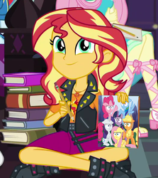 Size: 527x591 | Tagged: safe, edit, edited screencap, screencap, applejack, fluttershy, pinkie pie, rainbow dash, rarity, sunset shimmer, twilight sparkle, alicorn, equestria girls, g4, my little pony equestria girls: better together, the finals countdown, book, geode of empathy, i mean i see, magical geodes, mane six, mane six opening poses, meme, paper, pencil, sunset's note, twilight sparkle (alicorn)