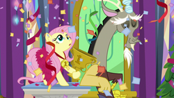 Size: 1280x720 | Tagged: safe, screencap, discord, fluttershy, g4, my little pony best gift ever, christmas, christmas tree, confetti, holiday, pedestal, tree, trophy