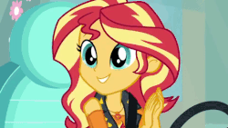 Size: 480x270 | Tagged: safe, screencap, fluttershy, sunset shimmer, driving miss shimmer, driving miss shimmer: fluttershy, equestria girls, g4, my little pony equestria girls: better together, animated, cute, excited, faic, female, fluttershy's car, frown, geode of empathy, geode of fauna, gif, magical geodes, rekt, shimmerbetes, steering wheel