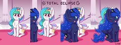 Size: 4096x1536 | Tagged: safe, artist:dsp2003, princess celestia, princess luna, alicorn, pony, g4, :3, :p, alicorn eclipse, behaving like a cat, blushing, cheek fluff, chest fluff, chibi, colored pupils, cute, cutelestia, dsp2003 is trying to murder us, duo, ear fluff, eclipse, female, hnnng, looking at you, luna eclipsing celestia, lunabetes, mare, missing accessory, one eye closed, ponified meme, royal sisters, signature, silly, sitting, smiling, solar eclipse, sparkles, sparkly eyes, sparkly mane, sparkly tail, tail, tongue out, weapons-grade cute, wingding eyes, wink