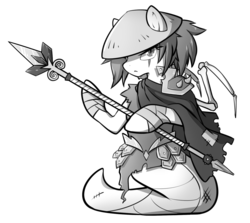 Size: 1612x1437 | Tagged: safe, artist:secret-pony, oc, oc only, lamia, original species, buck legacy, armor, armor skirt, asian conical hat, bandage, black and white, card art, cloak, clothes, determined, eye scar, eyelashes, female, grayscale, hat, looking at you, monochrome, princess, rope, scar, simple background, skirt, slit pupils, solo, spear, spikes, transparent background, weapon