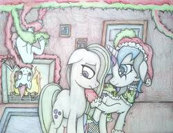 Size: 1584x1224 | Tagged: safe, artist:angelofthewisp, marble pie, oc, oc:brimstone blaze, oc:sugar skull (angelofthewisp), bat pony, pony, g4, my little pony best gift ever, fireplace, traditional art