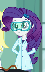 Size: 495x779 | Tagged: safe, screencap, rarity, a queen of clubs, equestria girls, g4, my little pony equestria girls: better together, arm behind back, clothes, cropped, female, goggles, lab coat, smiling