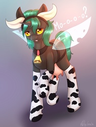 Size: 1620x2160 | Tagged: safe, artist:cornelia_nelson, oc, oc only, oc:04, changeling, changepony, cow pony, hybrid, bell, clothes, cosplay, costume, cowprint, cute, socks, solo, stockings, thigh highs, udder, ych result