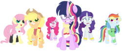 Size: 1024x432 | Tagged: safe, artist:bezziie, applejack, fluttershy, pinkie pie, rainbow dash, rarity, twilight sparkle, pony, g4, alternate hairstyle, alternate universe, bowtie, mane six, rainbow ponies, simple background, transparent background