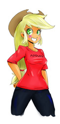 Size: 723x1478 | Tagged: safe, artist:hippik, artist:reiduran, color edit, edit, applejack, human, equestria girls, g4, apple, breasts, busty applejack, clothes, colored, cute, female, grin, hat, humanized, jackabetes, jeans, looking at you, misleading thumbnail, pants, shirt, simple background, smiling, solo, squee, t shirt design, that pony sure does love apples, white background