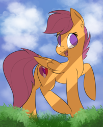 Size: 1377x1706 | Tagged: safe, artist:brok-enwings, scootaloo, pegasus, pony, g4, 60 min challenge, cutie mark, female, filly, looking at you, no pupils, open mouth, raised hoof, the cmc's cutie marks