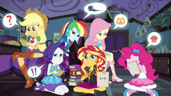 Size: 1920x1080 | Tagged: safe, screencap, applejack, fluttershy, pinkie pie, rainbow dash, rarity, sunset shimmer, equestria girls, g4, my little pony equestria girls: better together, the finals countdown, applejack's hat, ashamed, belt, boots, bracelet, clothes, confident, cowboy boots, cowboy hat, cute, cutie mark, cutie mark on clothes, denim skirt, eyes closed, female, frown, geode of empathy, geode of fauna, geode of shielding, geode of super speed, geode of super strength, hat, high heels, hoodie, humane five, jacket, jewelry, leather, leather jacket, magical geodes, meme origin, necklace, pantyhose, pencil, rarity peplum dress, sandals, shimmerbetes, shoes, skirt, smiling, speech bubble, sunset's note, tank top