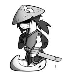 Size: 950x1050 | Tagged: safe, artist:secret-pony, oc, oc only, lamia, original species, buck legacy, asian conical hat, bandage, bindle, black and white, card art, clothes, grayscale, japanese, katana, male, monochrome, ponytail, ronin, scar, simple background, solo, sword, torn ear, transparent background, tunic, weapon