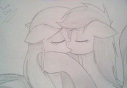 Size: 756x526 | Tagged: safe, artist:enviaart, fluttershy, rainbow dash, pegasus, pony, g4, duo, eyes closed, female, gray background, grayscale, kiss on the lips, kissing, lesbian, mare, monochrome, ship:flutterdash, shipping, simple background, traditional art