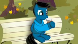 Size: 3840x2160 | Tagged: safe, artist:agkandphotomaker2000, oc, oc only, oc:pony video maker, pony, autumn, bench, coffee, high res, solo