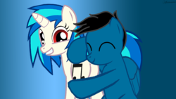 Size: 1920x1080 | Tagged: safe, artist:agkandphotomaker2000, dj pon-3, vinyl scratch, oc, oc:pony video maker, pegasus, pony, unicorn, g4, blue background, butt, butthug, canon x oc, eyes closed, female, gradient background, grin, hug, looking back, male, mare, plot, pony video maker x vinyl scratch, ship:videoscratch, simple background, smiling, squee, stallion