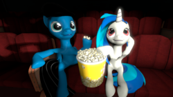 Size: 1920x1080 | Tagged: safe, artist:agkandphotomaker2000, dj pon-3, vinyl scratch, oc, oc:pony video maker, pony, g4, 3d, canon x oc, cinema, date, date night, food, movies, pony video maker x vinyl scratch, popcorn, source filmmaker, videoscratch