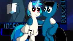 Size: 1920x1080 | Tagged: safe, artist:agkandphotomaker2000, dj pon-3, vinyl scratch, oc, oc:pony video maker, pegasus, pony, unicorn, g4, about to take a picture, bipedal, canon x oc, cellphones, drawing, duo, female, glowing horn, horn, hug, levitation, magic, magic aura, male, pony video maker x vinyl scratch, selfie, telekinesis, videoscratch
