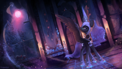 Size: 4000x2250 | Tagged: safe, artist:freeedon, nightmare moon, alicorn, pony, g4, broken window, female, glowing horn, high res, horn, jewelry, looking back, magic, magic aura, mare, moon, regalia, solo, spread wings, wings