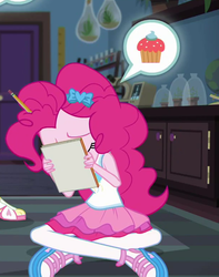 Size: 613x779 | Tagged: safe, screencap, pinkie pie, equestria girls, g4, my little pony equestria girls: better together, the finals countdown, clothes, cropped, crossed legs, female, pantyhose, pictogram, sandals, skirt, solo, thought bubble