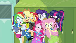 Size: 1920x1080 | Tagged: safe, screencap, applejack, fluttershy, pinkie pie, rainbow dash, rarity, sunset shimmer, twilight sparkle, equestria girls, g4, monday blues, my little pony equestria girls: summertime shorts, clothes, female, geode of sugar bombs, geode of super strength, humane five, humane seven, humane six, magical geodes, pinkamena diane pie, sleeveless, tank top, toes, wet hair